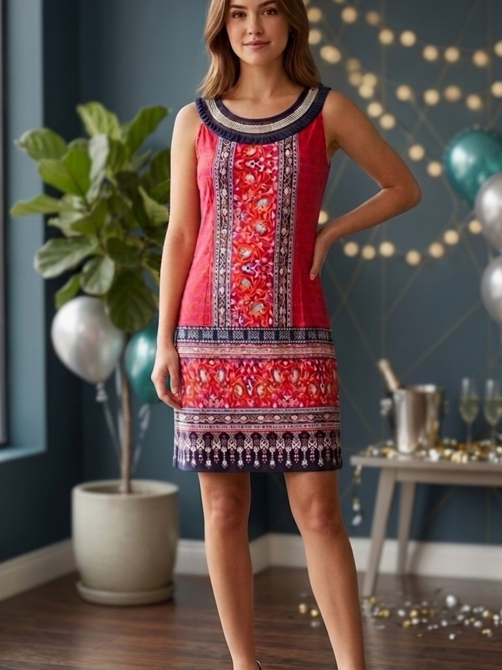 Sandra Darren Sleeveless Beaded Collar Shift Dress